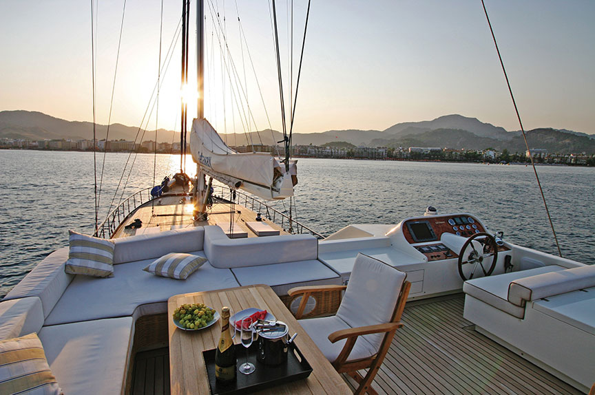 Spaces onboard the gulet have places to relax and chat about the day with friends.